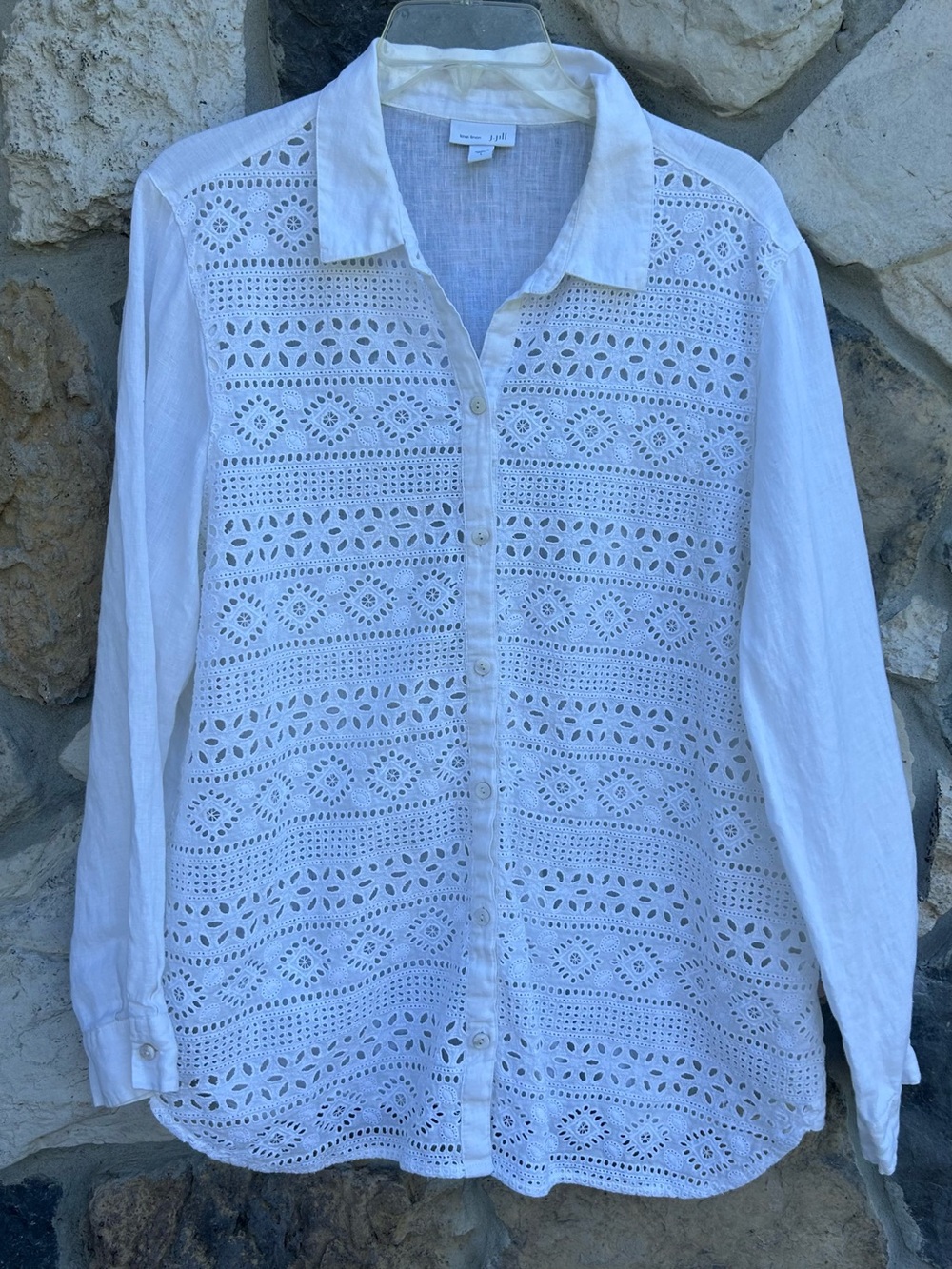 J. Jill 100% Linen Top Size L White Button Up Eyelet Front Boho Beach Coastal